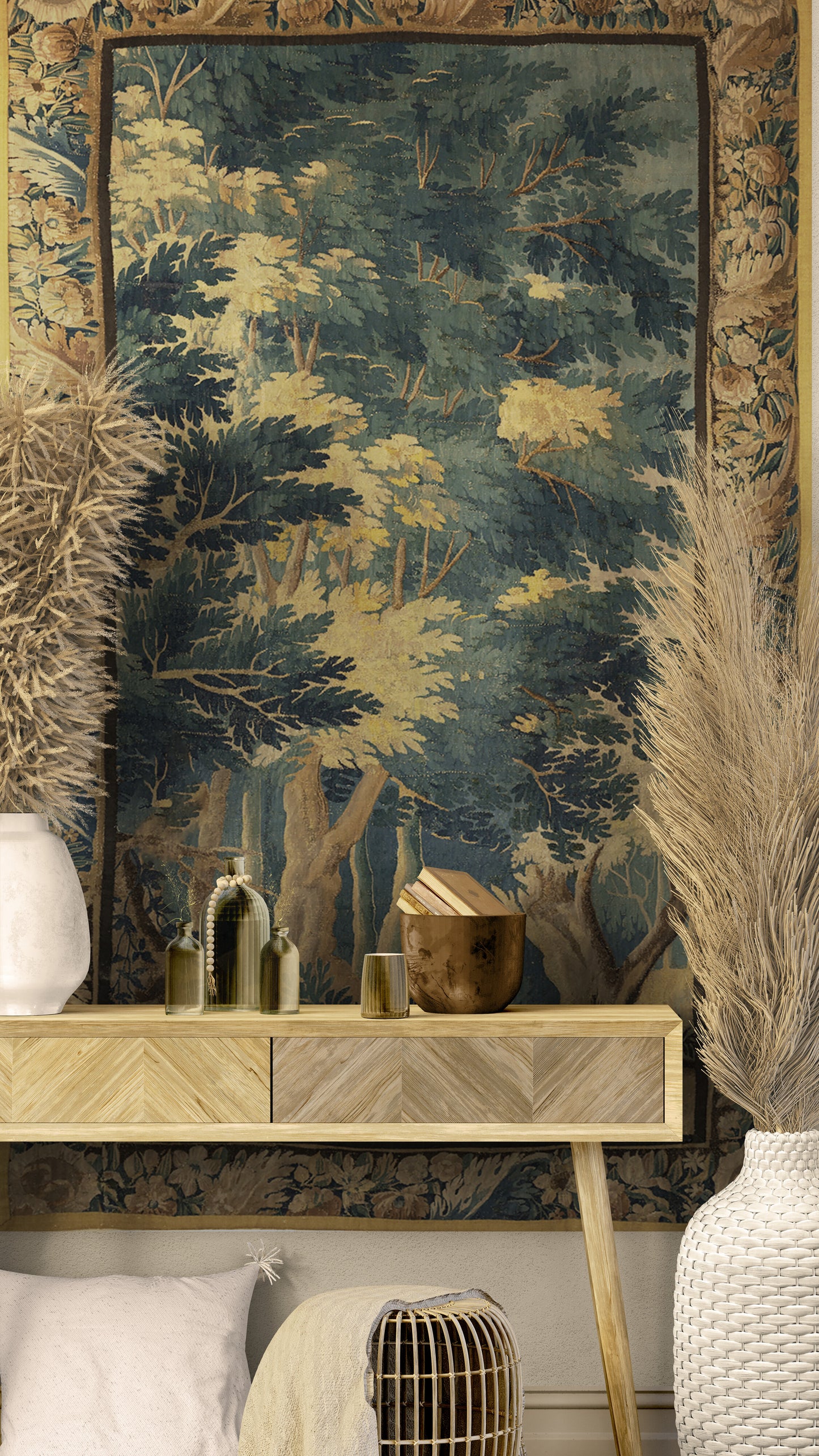 The Greenwood Cathedral Tapestry Reproduction — Tall European Verdure Forest Wall Hanging with Botanical Border for English Country House Interiors RE461828
