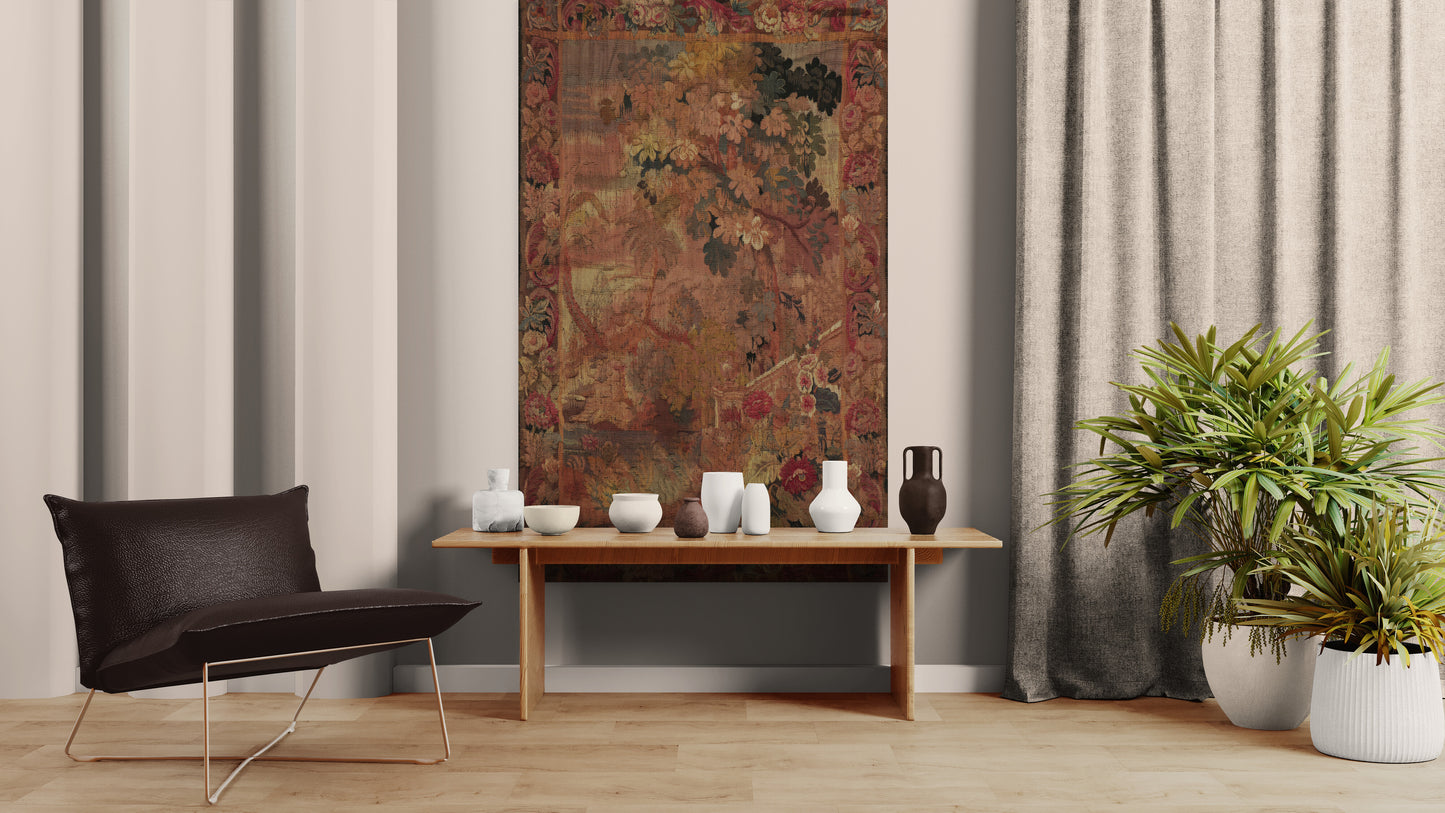 Old-World Verdure Garden Tapestry Reproduction — Romantic Botanical Floral Wall Hanging in Cotton-Linen or Machine-Woven Polycotton RE739477