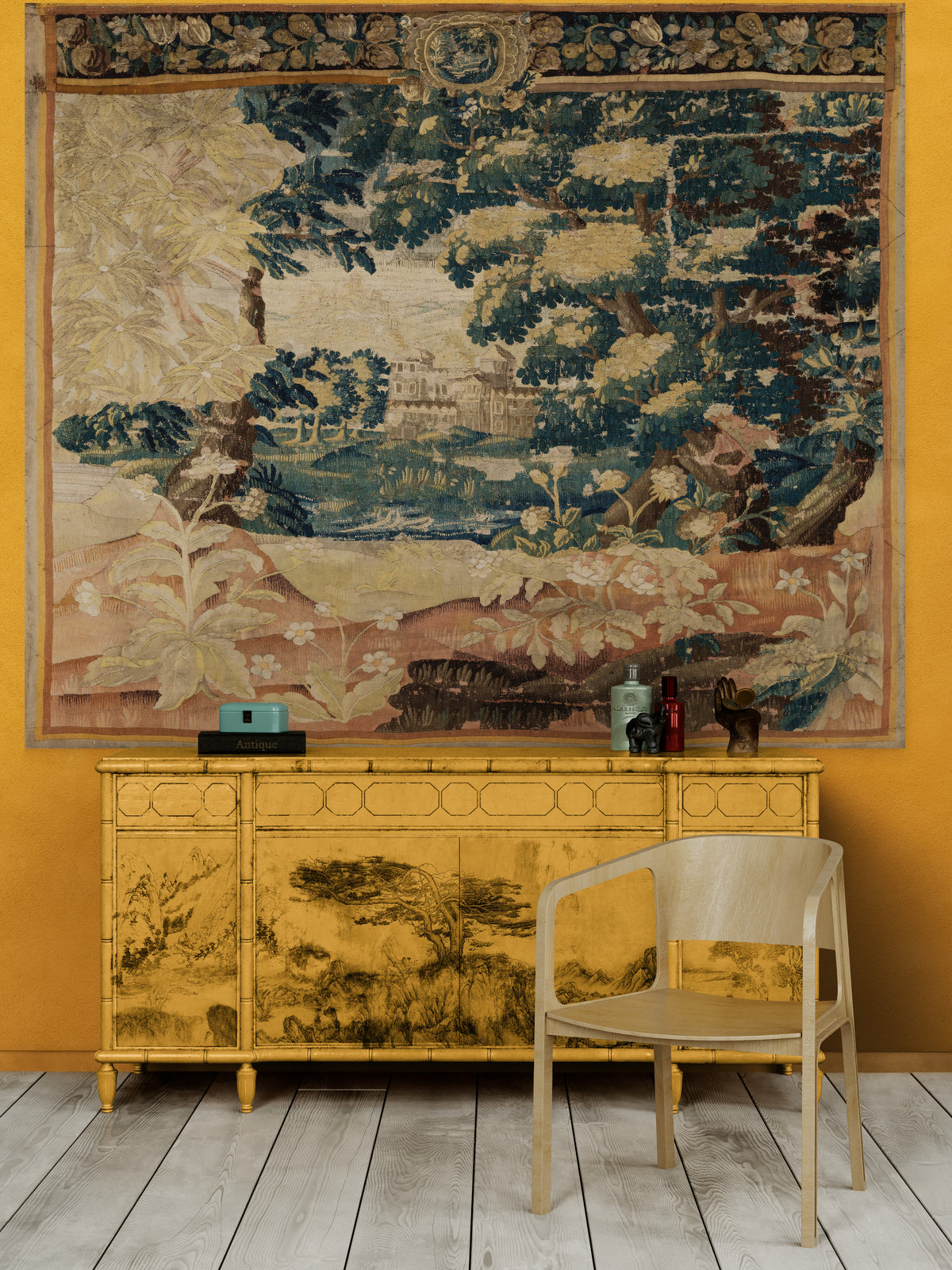 Brilliant Faded Golden Bohemian Vintage Look Verdure Tapestry Reproduction RE712944
