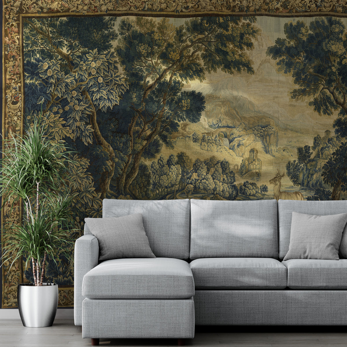 Superb French Verdure Tapestry Reproduction RE559830 The Dusky Greenwo ...