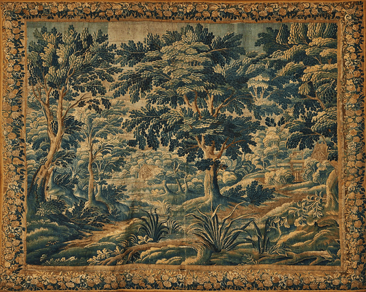 The Golden Woodland Hamlet Verdure Tapestry Reproduction — Antique-Inspired European Forest Landscape Wall Hanging with Country Cottages and Floral Border RE189740