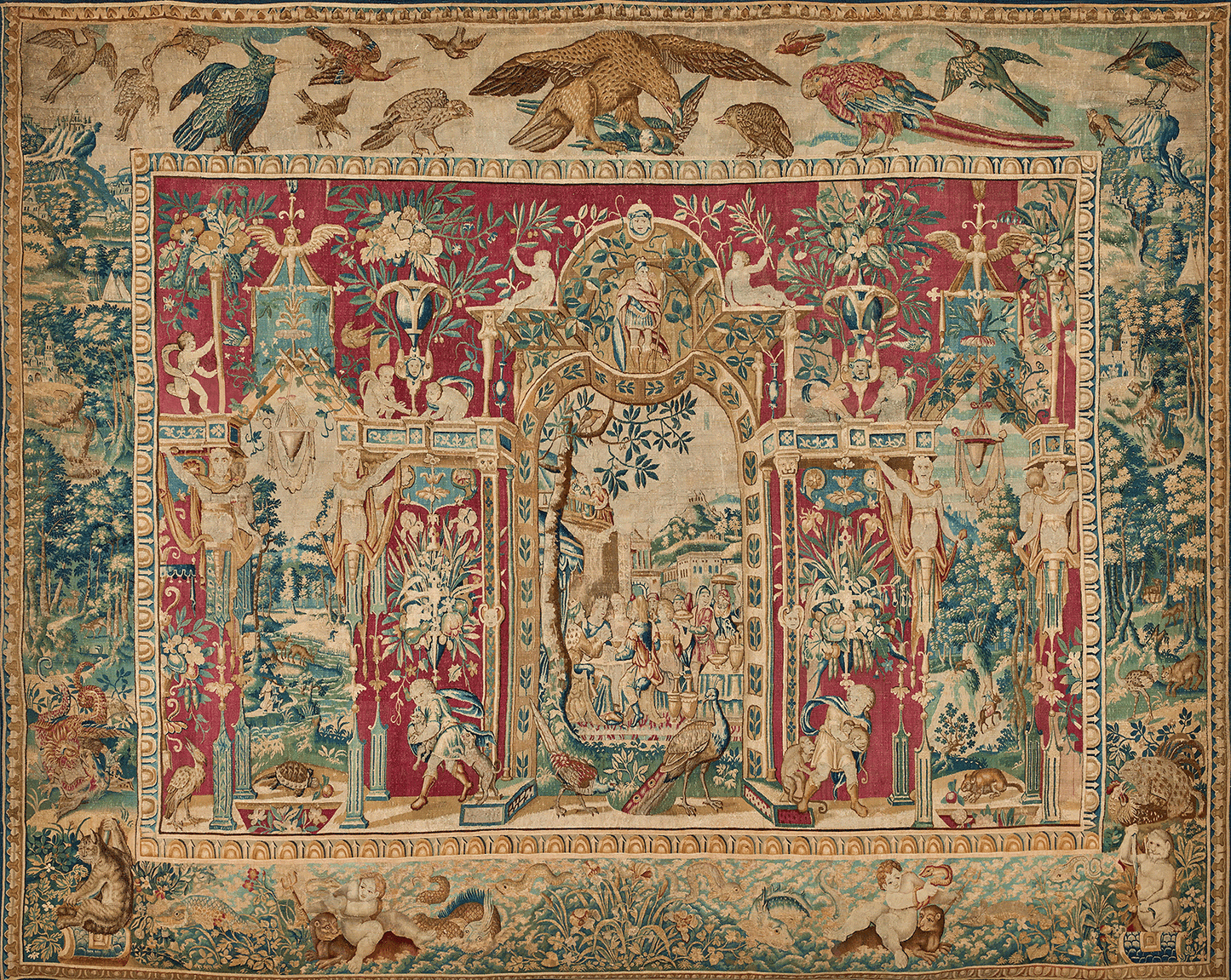 The Theatre of Birds Tapestry Reproduction — A Magnificent Flemish Renaissance Grotesques Masterpiece After Joost van Herzeele RE196681