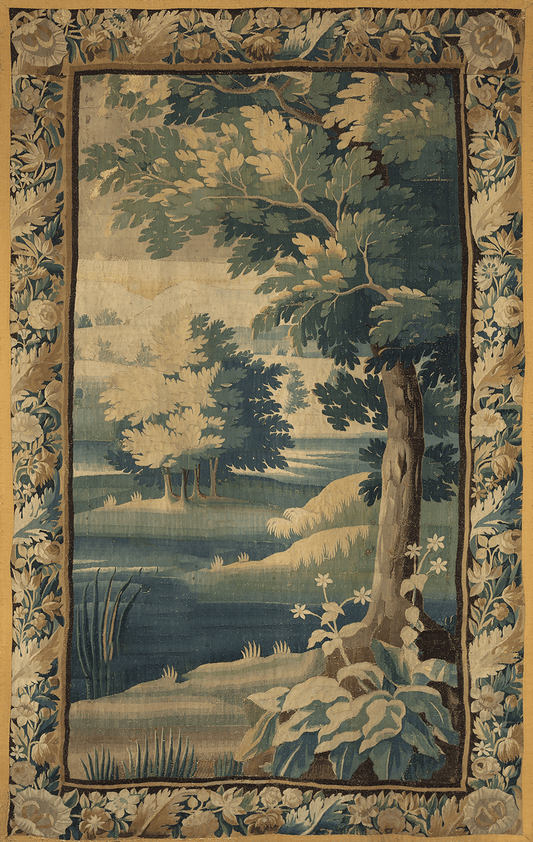 An antique tapestry featuring a scenic landscape with trees, a river, and a decorative floral border.