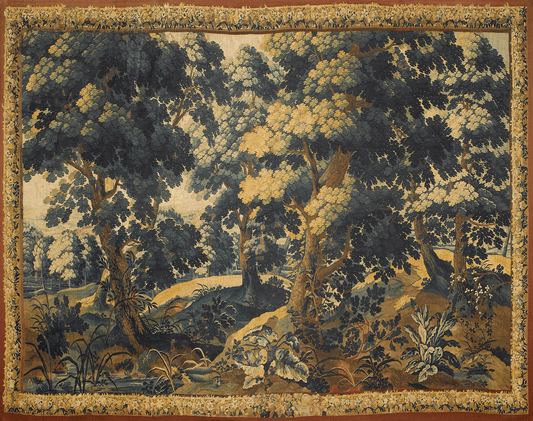 Tapestry depicting a forest scene with trees and undergrowth.