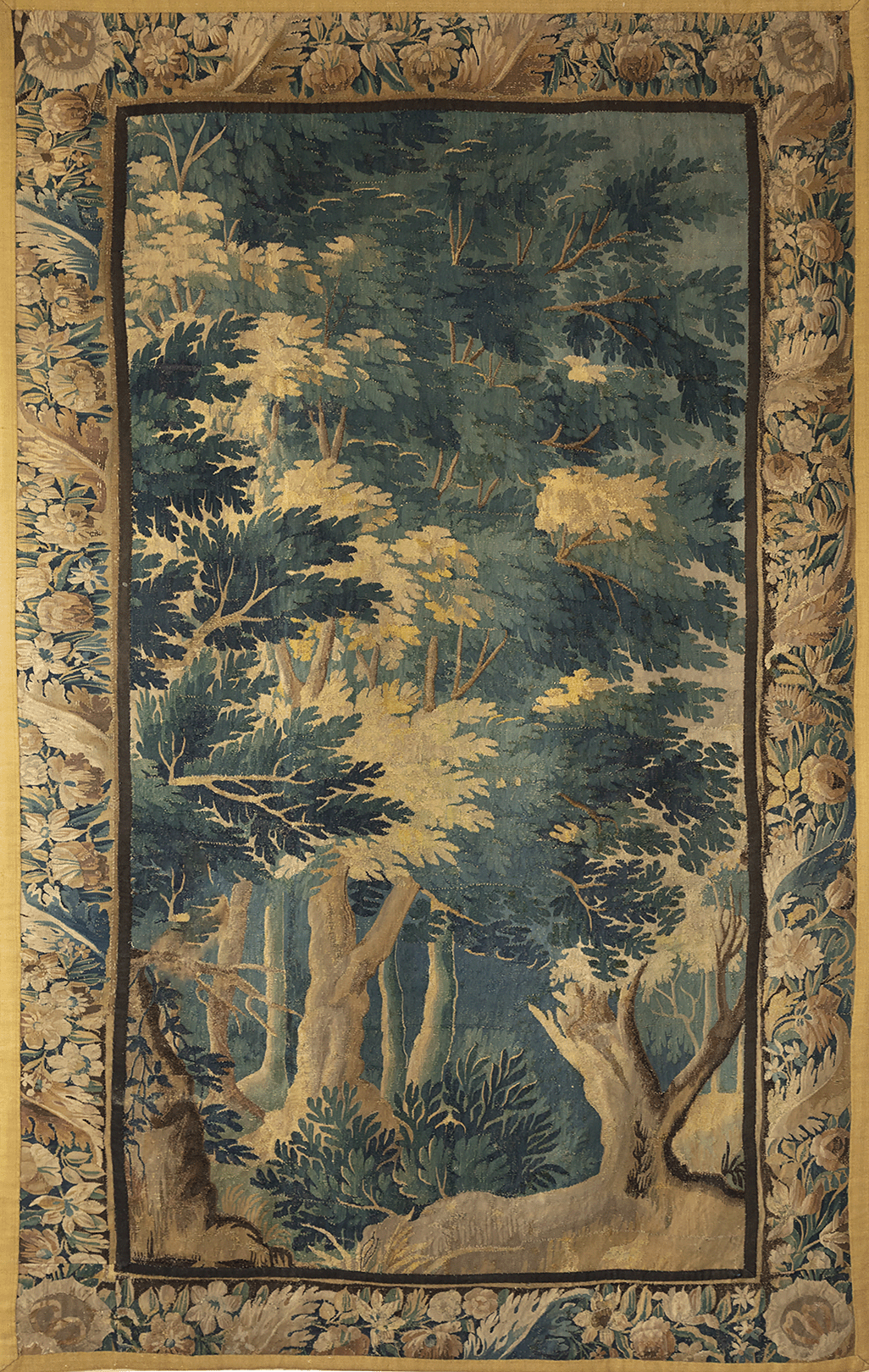 The Greenwood Cathedral Tapestry Reproduction — Tall European Verdure Forest Wall Hanging with Botanical Border for English Country House Interiors RE461828