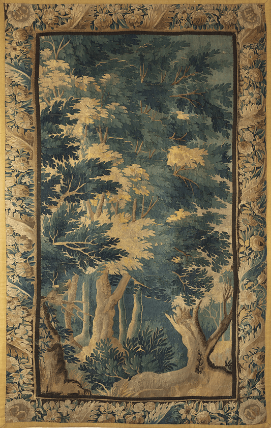 The Greenwood Cathedral Tapestry Reproduction — Tall European Verdure Forest Wall Hanging with Botanical Border for English Country House Interiors RE461828