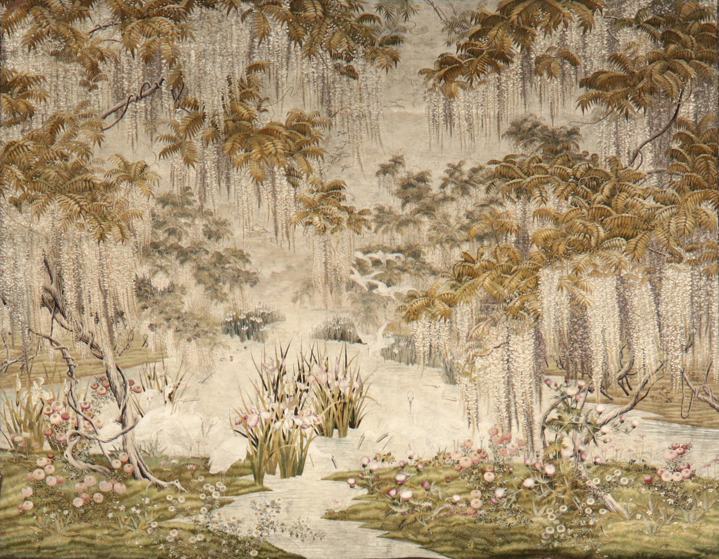The Swan’s Wisteria Reverie: A Verdant Dream of Still Water and Hanging Blossom RE714677