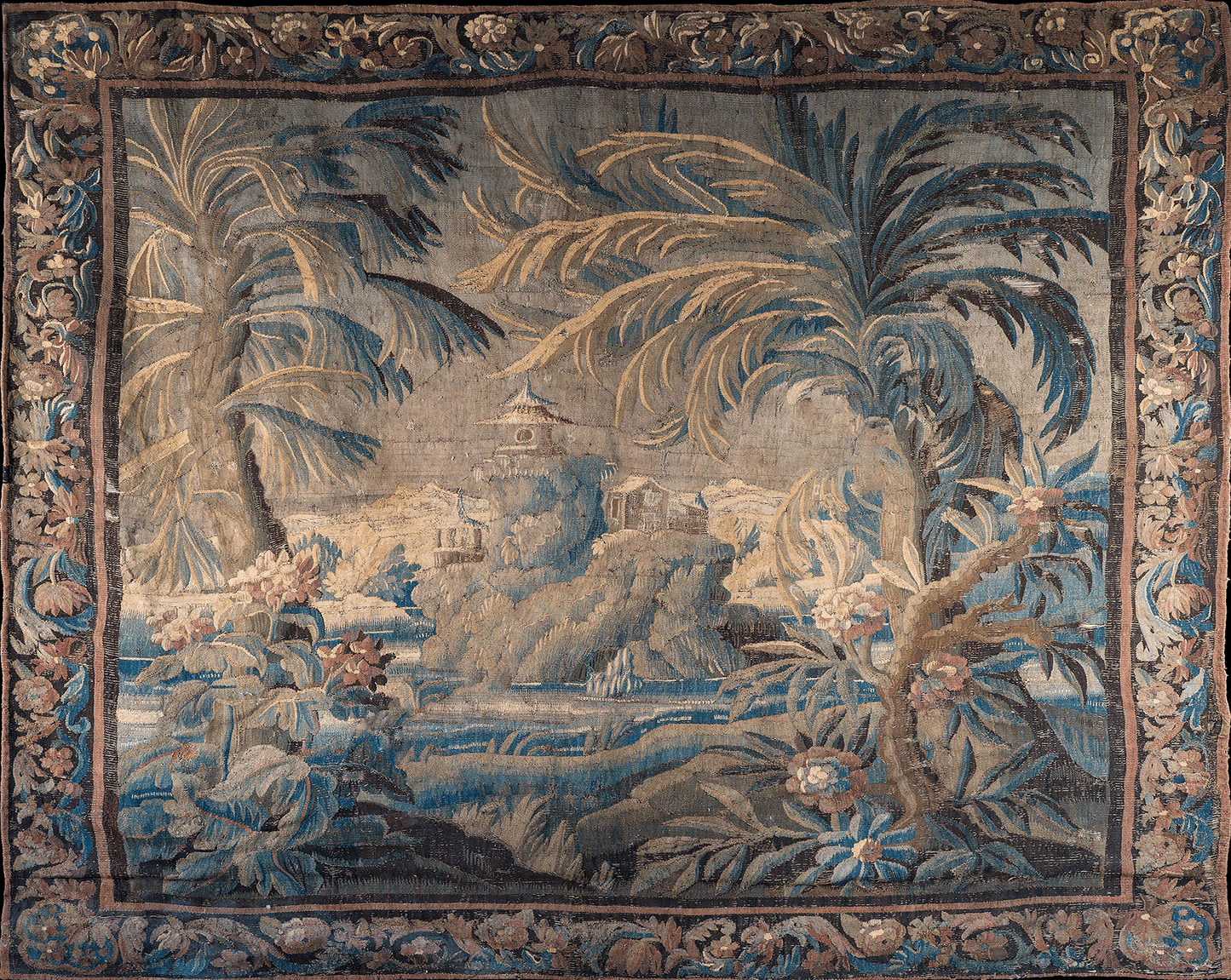 The Enchanted Palm Grove Tapestry – Antique Chinoiserie Tropical Landscape Wall Hanging for Grand European Interiors RE800101