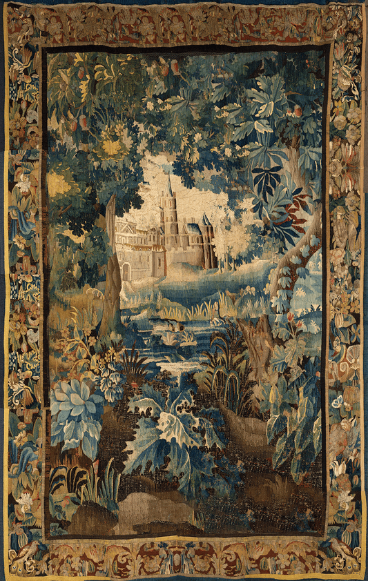 Enchanted Castle Verdure Tapestry Reproduction — Old-World Botanical Woodland Wall Hanging RE815728