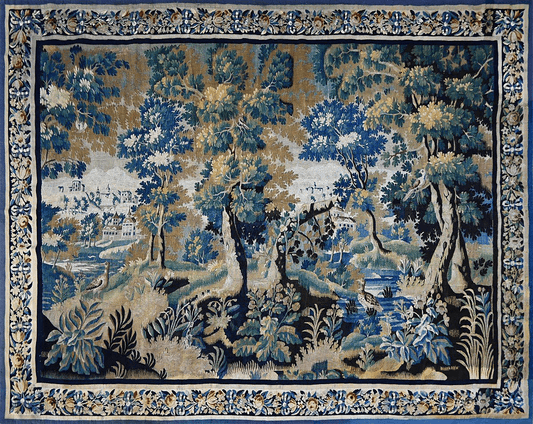 A square tapestry featuring a detailed landscape scene with blue and green trees, foliage, and a river, framed by an ornate floral border in blue, beige, and gold.