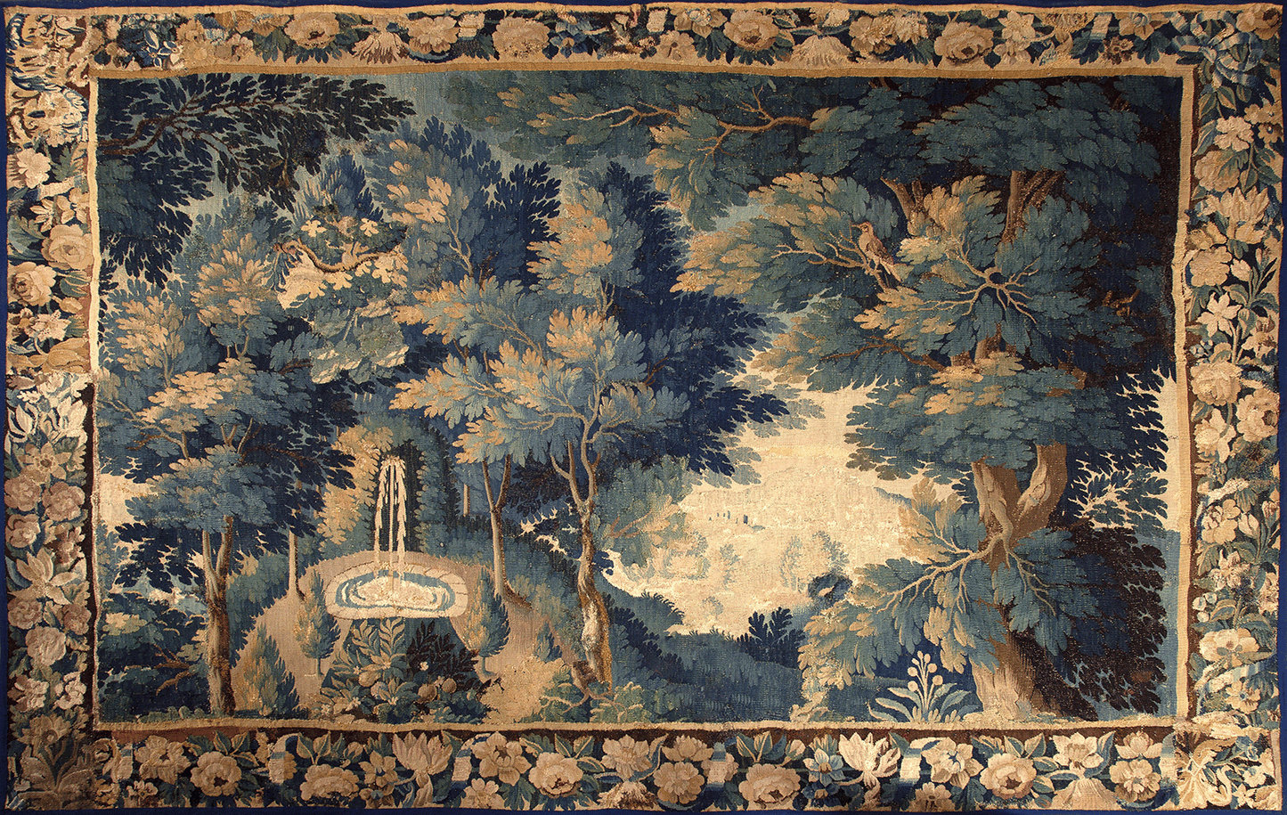 Enchanted Woodland Fountain Verdure Tapestry Reproduction — French Château Forest Landscape Wall Hanging RE710935