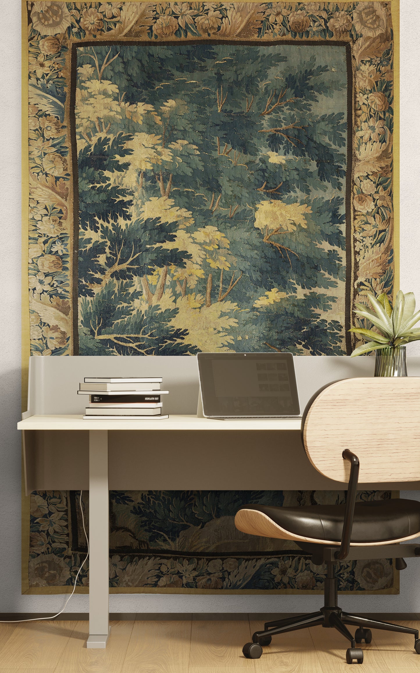 The Greenwood Cathedral Tapestry Reproduction — Tall European Verdure Forest Wall Hanging with Botanical Border for English Country House Interiors RE461828