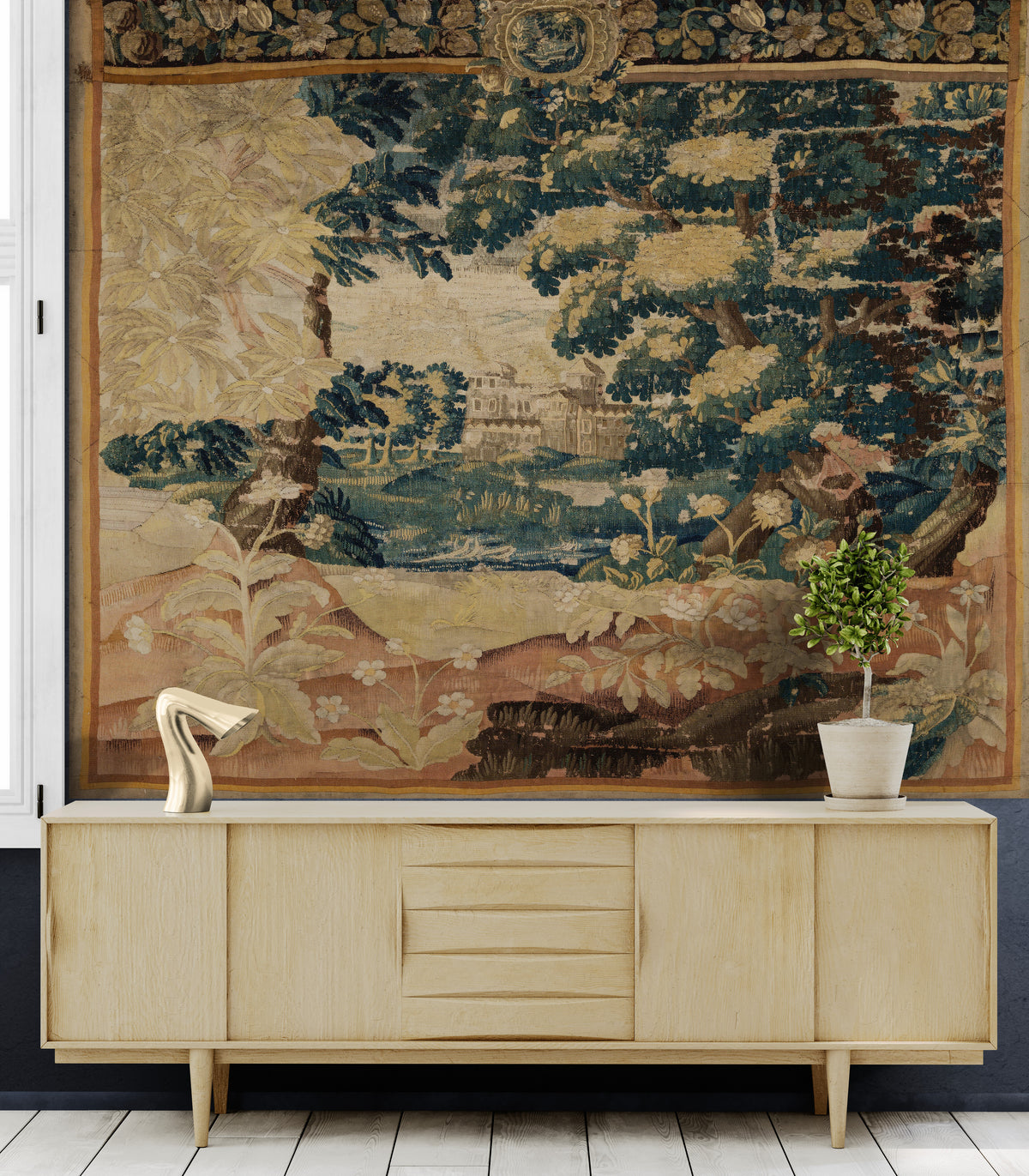 Brilliant Faded Golden Bohemian Vintage Look Verdure Tapestry Reproduction RE712944