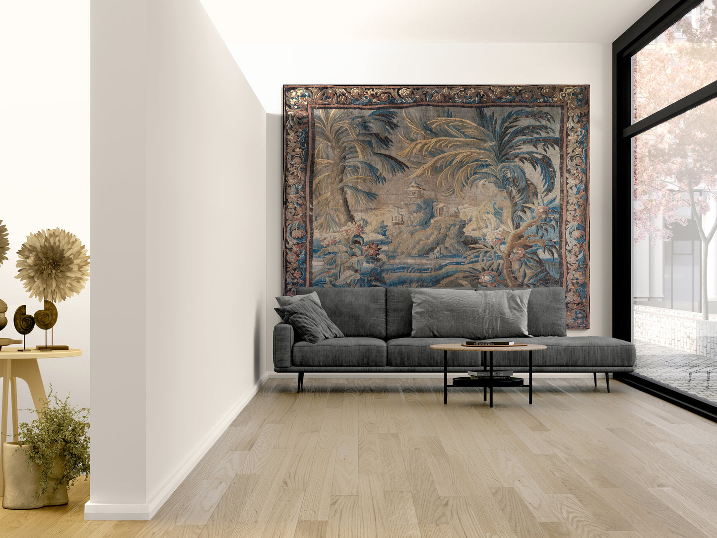 The Enchanted Palm Grove Tapestry – Antique Chinoiserie Tropical Landscape Wall Hanging for Grand European Interiors RE800101