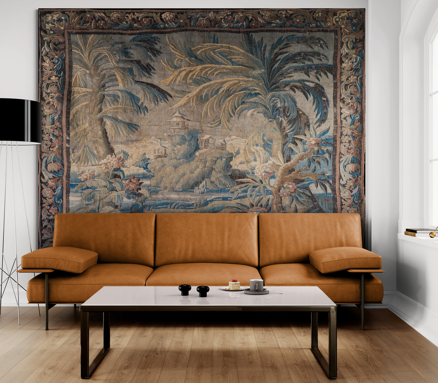 The Enchanted Palm Grove Tapestry – Antique Chinoiserie Tropical Landscape Wall Hanging for Grand European Interiors RE800101