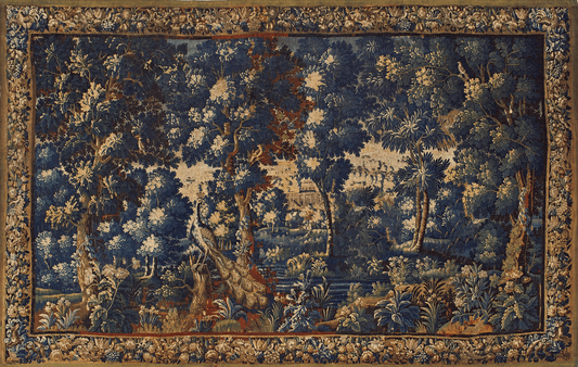 Decorative tapestry with a landscape design featuring trees and flowers on a blue background.