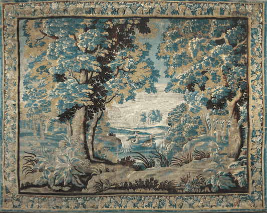 A tapestry featuring a serene woodland scene with trees, a stream, and what appears to be a pair of swans in the foreground. The background suggests a landscape with hills and a sky.