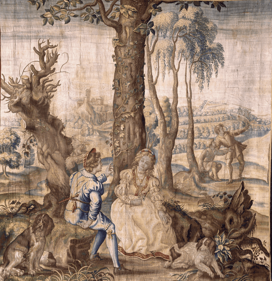 Remarkable 17th Century Flemish Tapestry Depicting Pastoral Romance with Elegant Figures in Bucolic Landscape RE742208