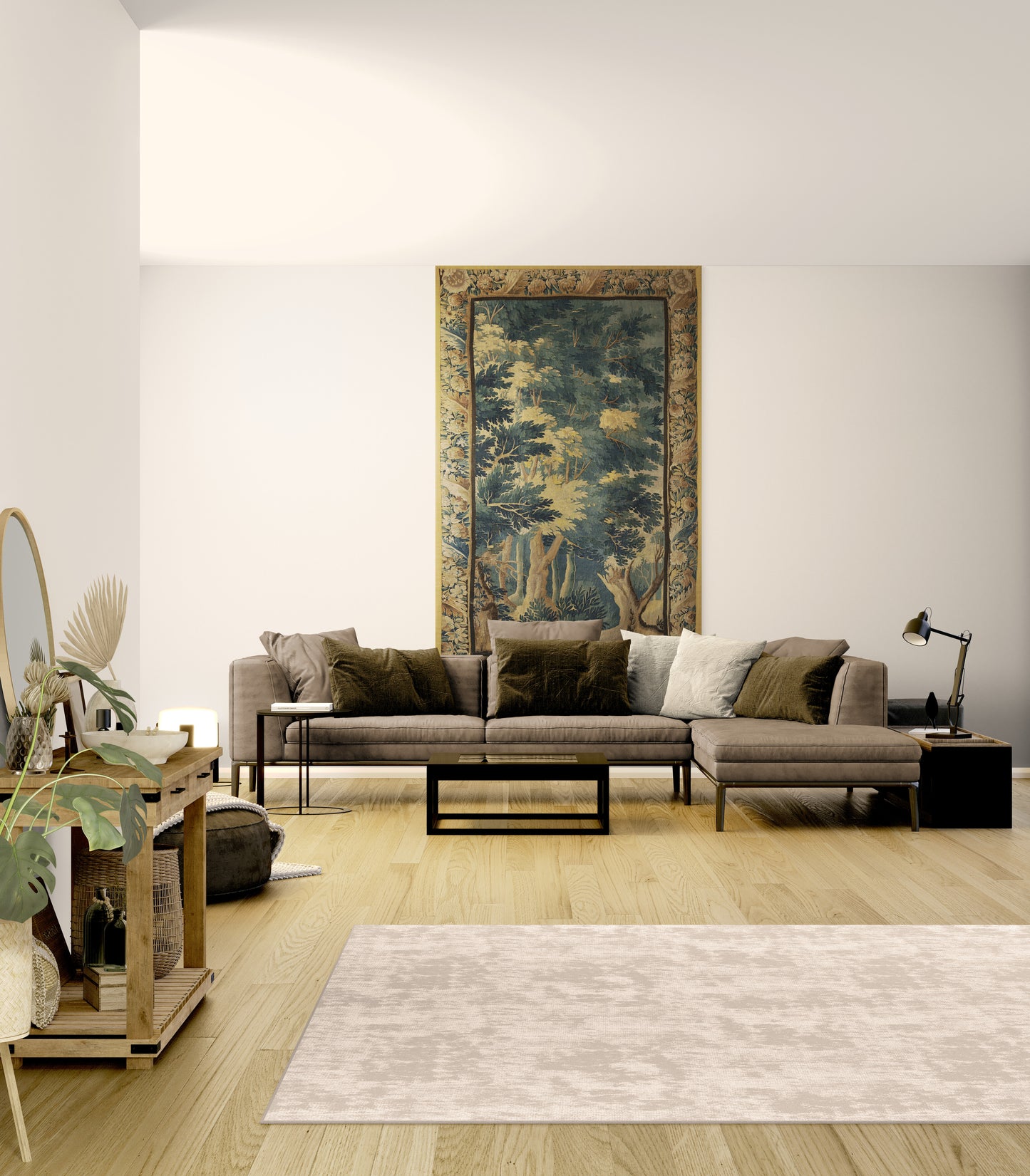 The Greenwood Cathedral Tapestry Reproduction — Tall European Verdure Forest Wall Hanging with Botanical Border for English Country House Interiors RE461828