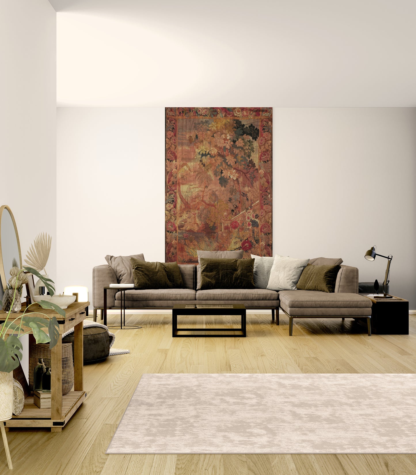Old-World Verdure Garden Tapestry Reproduction — Romantic Botanical Floral Wall Hanging in Cotton-Linen or Machine-Woven Polycotton RE739477