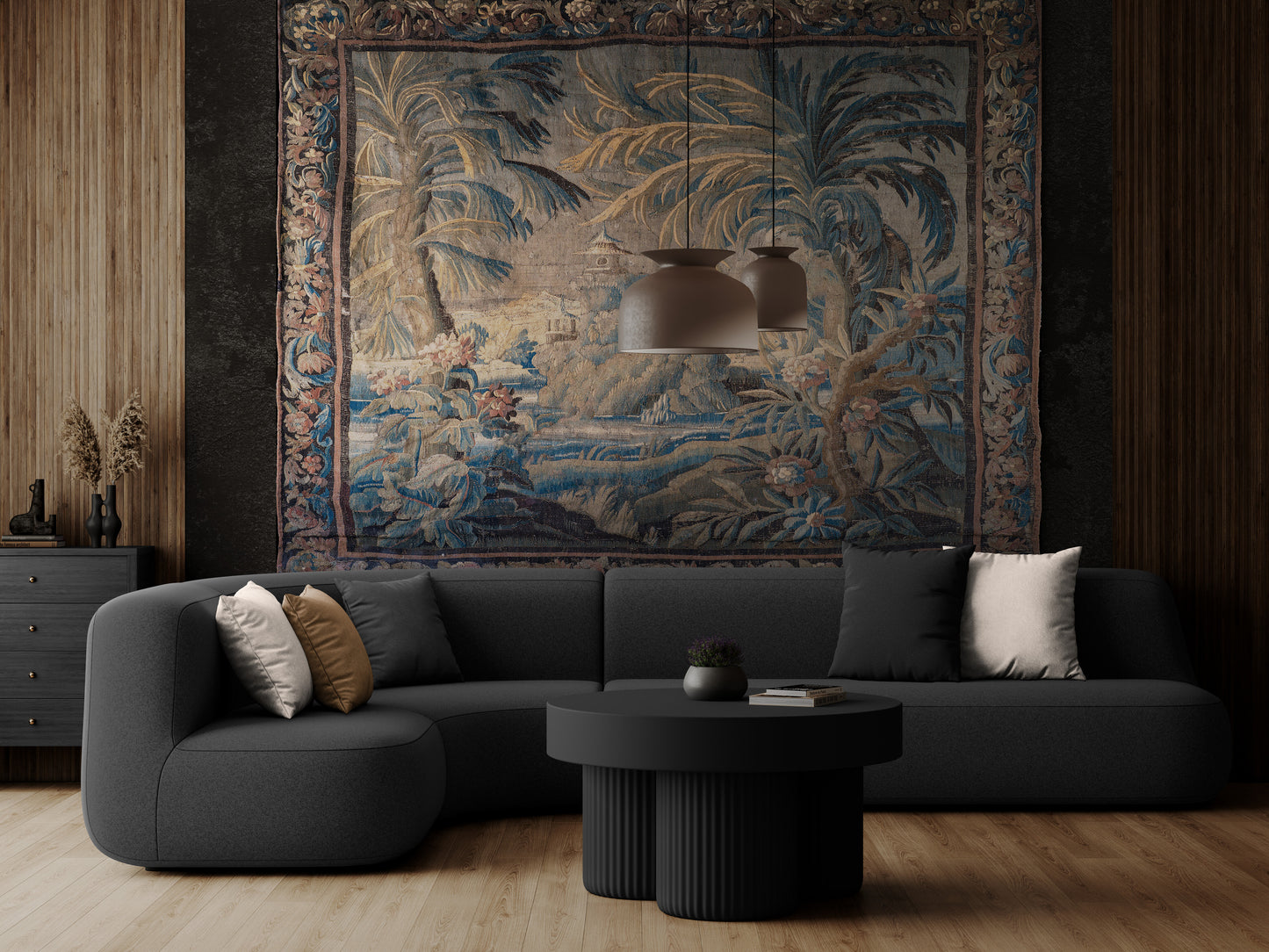 The Enchanted Palm Grove Tapestry – Antique Chinoiserie Tropical Landscape Wall Hanging for Grand European Interiors RE800101