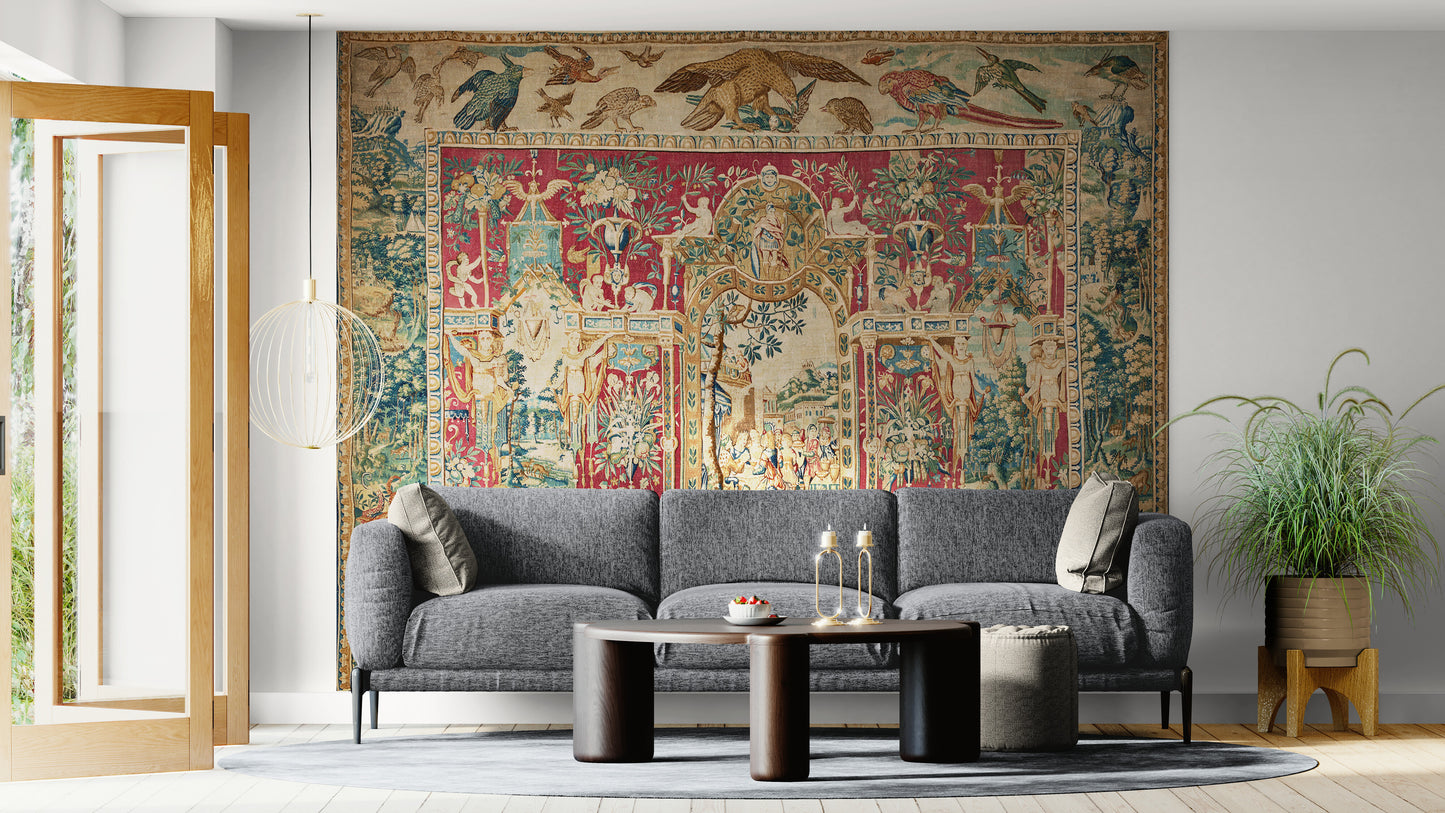 The Theatre of Birds Tapestry Reproduction — A Magnificent Flemish Renaissance Grotesques Masterpiece After Joost van Herzeele RE196681