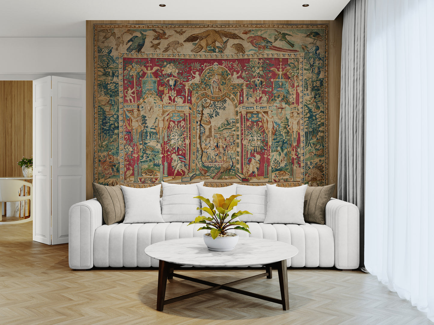 The Theatre of Birds Tapestry Reproduction — A Magnificent Flemish Renaissance Grotesques Masterpiece After Joost van Herzeele RE196681