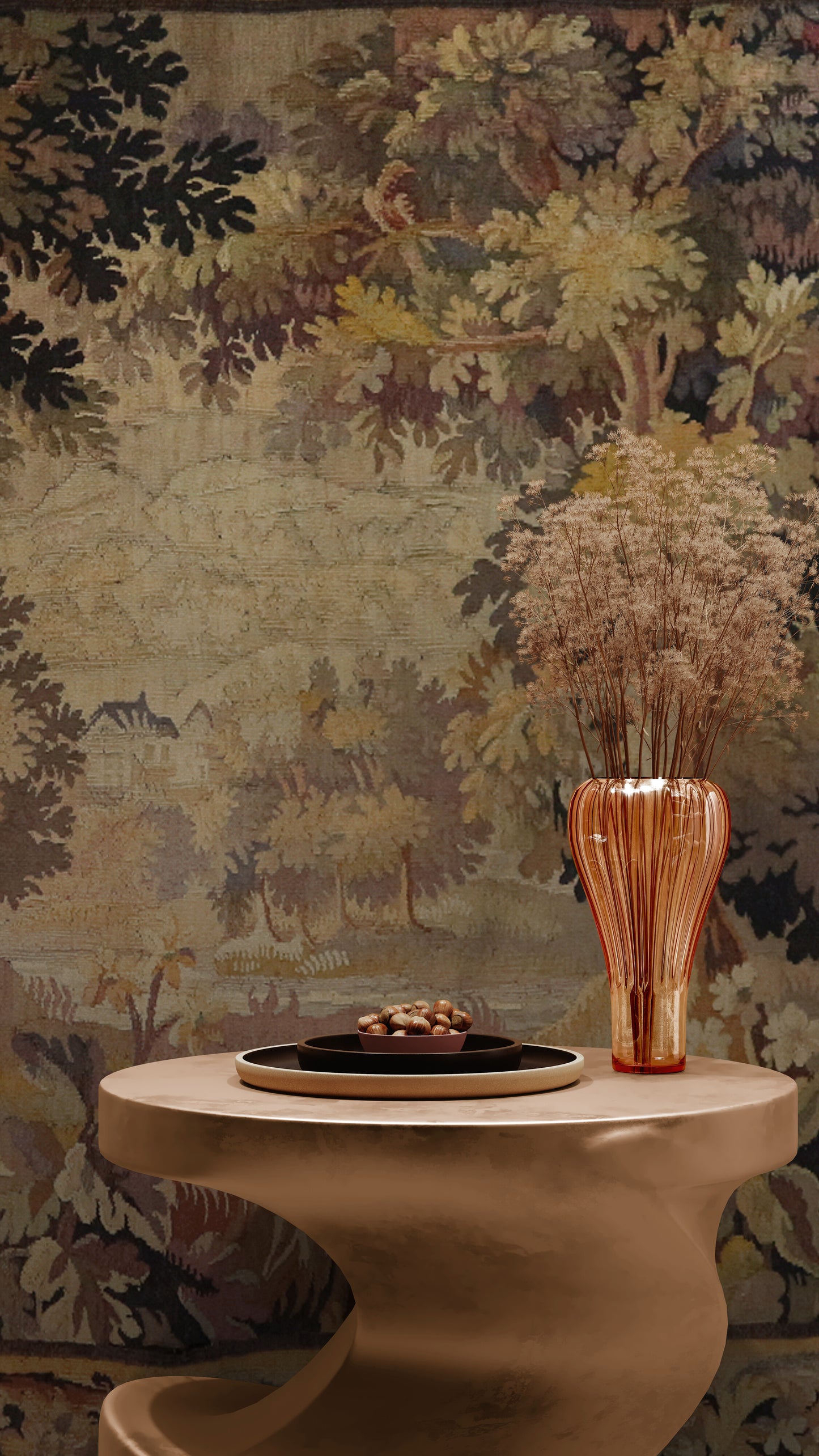 Decorative vase on a table against a patterned wall