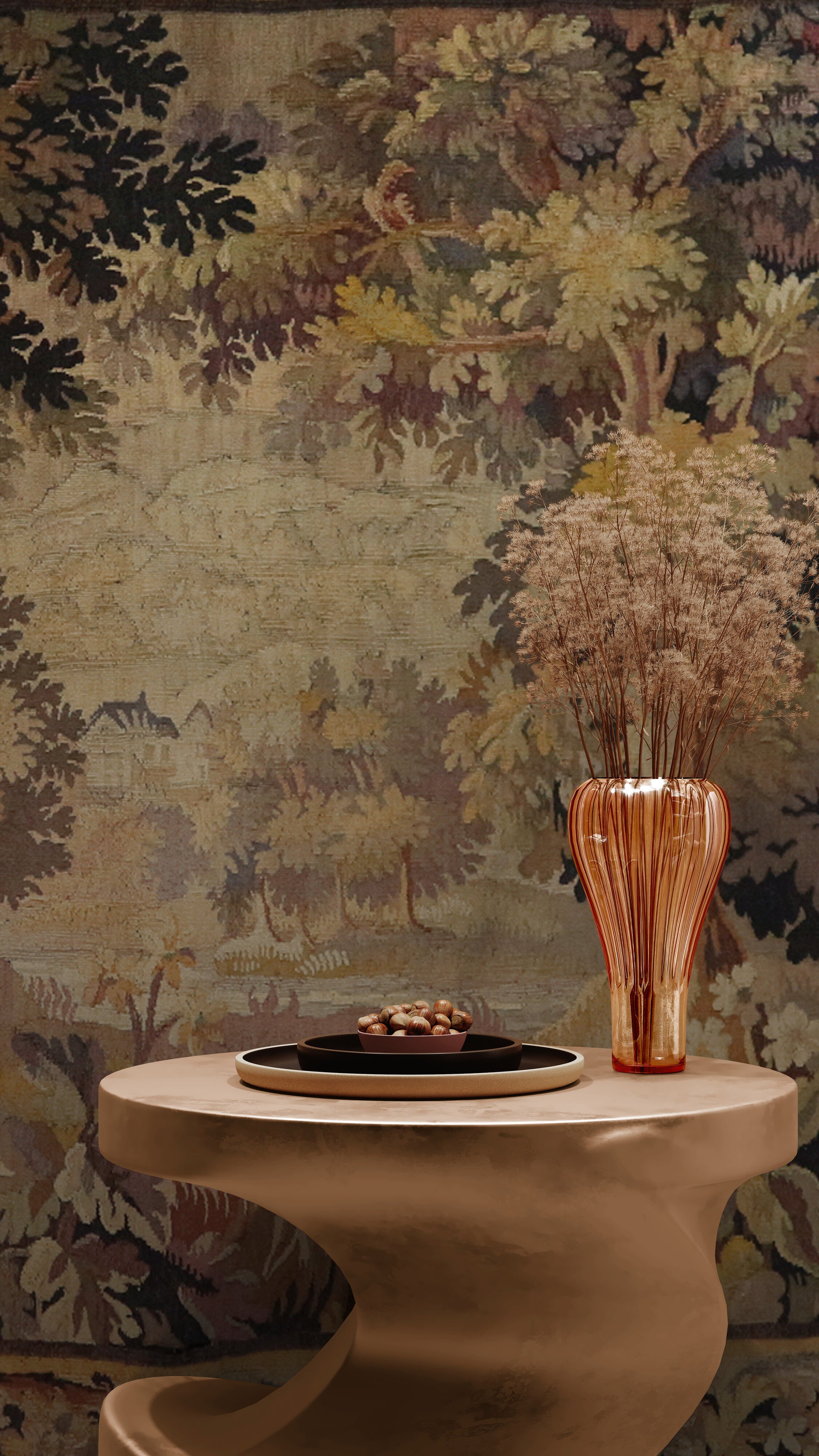 Decorative vase on a table against a patterned wall