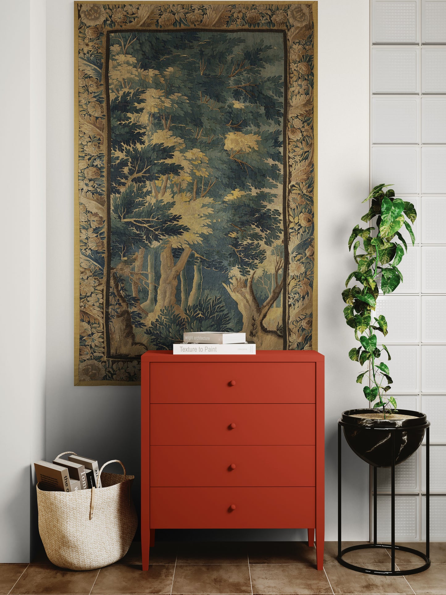 The Greenwood Cathedral Tapestry Reproduction — Tall European Verdure Forest Wall Hanging with Botanical Border for English Country House Interiors RE461828