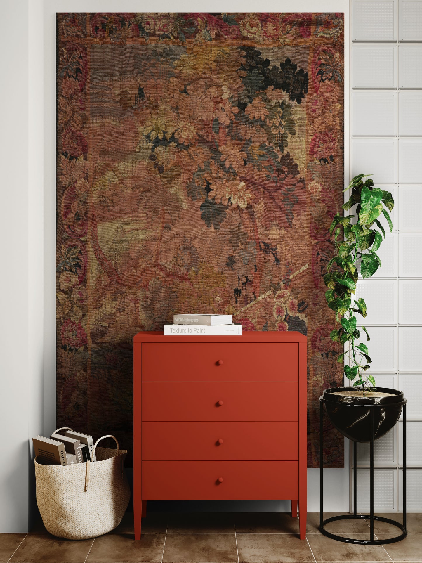 Old-World Verdure Garden Tapestry Reproduction — Romantic Botanical Floral Wall Hanging in Cotton-Linen or Machine-Woven Polycotton RE739477