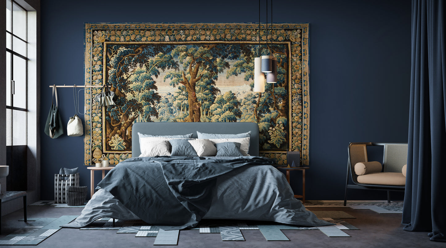 Dark blue bedroom with a large tapestry above the bed