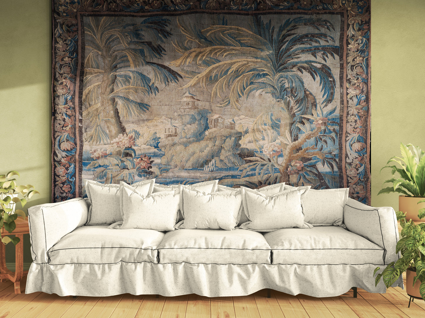 The Enchanted Palm Grove Tapestry – Antique Chinoiserie Tropical Landscape Wall Hanging for Grand European Interiors RE800101