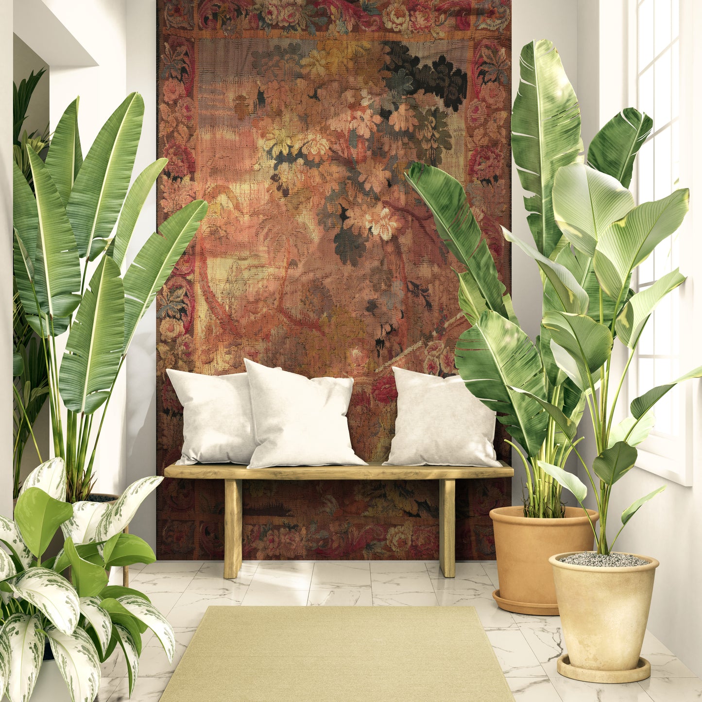 Old-World Verdure Garden Tapestry Reproduction — Romantic Botanical Floral Wall Hanging in Cotton-Linen or Machine-Woven Polycotton RE739477