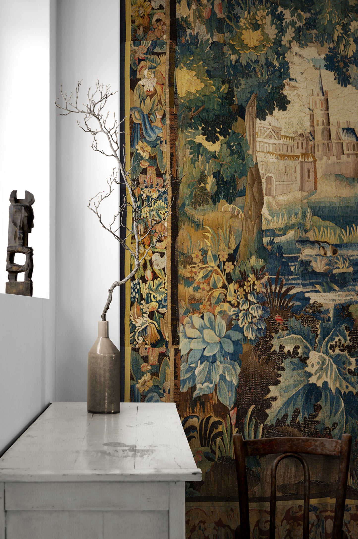 Enchanted Castle Verdure Tapestry Reproduction — Old-World Botanical Woodland Wall Hanging RE815728