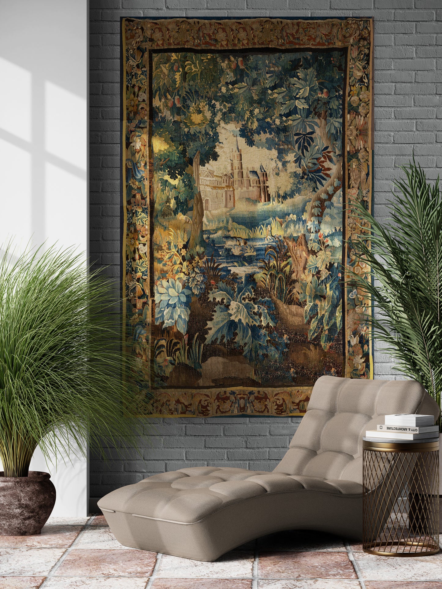 Enchanted Castle Verdure Tapestry Reproduction — Old-World Botanical Woodland Wall Hanging RE815728
