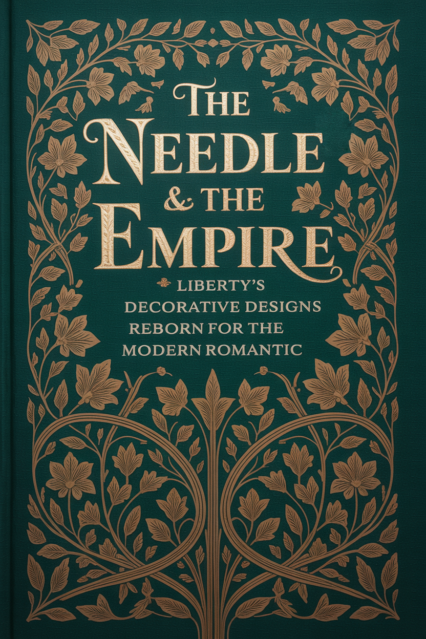 Book cover of 'The Needle & The Empire' with decorative text and floral patterns on a dark green background.