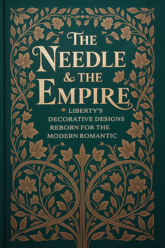 Book cover of 'The Needle & The Empire' with decorative text and floral patterns on a dark green background.