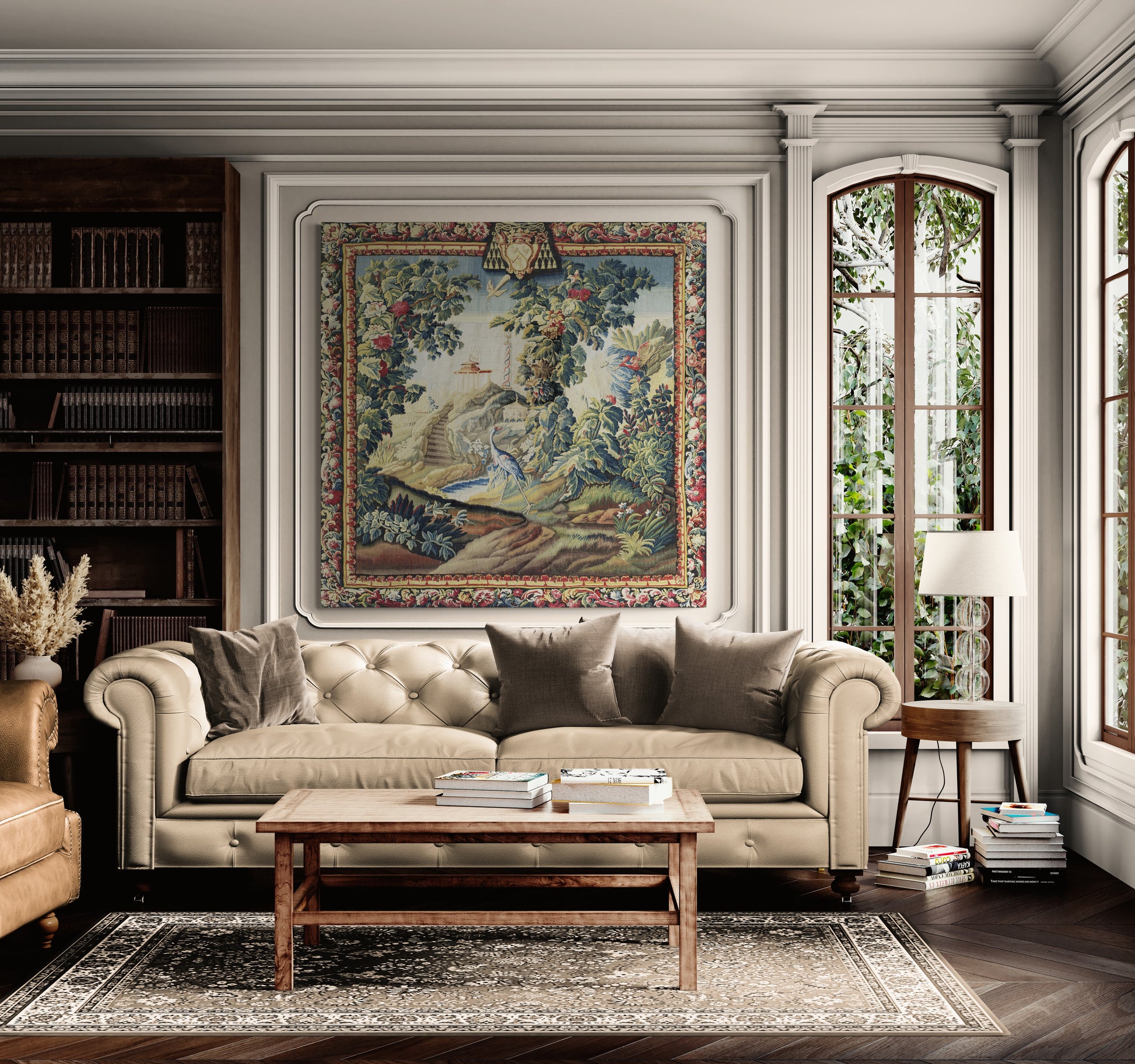 Living room with a beige sofa, wooden coffee table, and decorative tapestry.