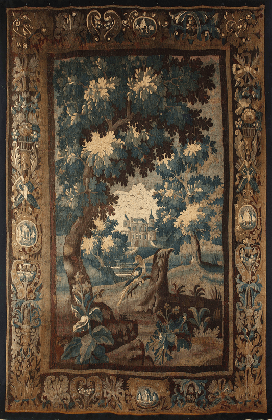 A traditional floral and landscape tapestry with a decorative border.