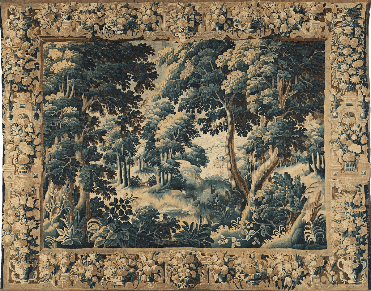 A tapestry featuring a serene woodland landscape with trees and a distant landscape, woven in a rich palette of colors.