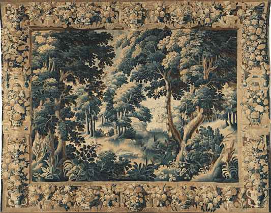A tapestry featuring a serene woodland landscape with trees and a distant landscape, woven in a rich palette of colors.