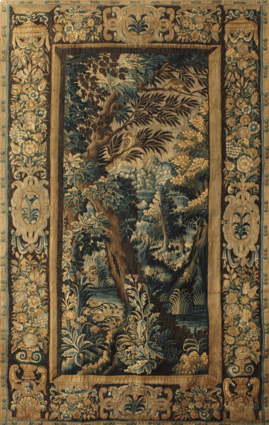 A verdure wool tapestry depicting a woodland scene with trees and foliage, with a decorative border.