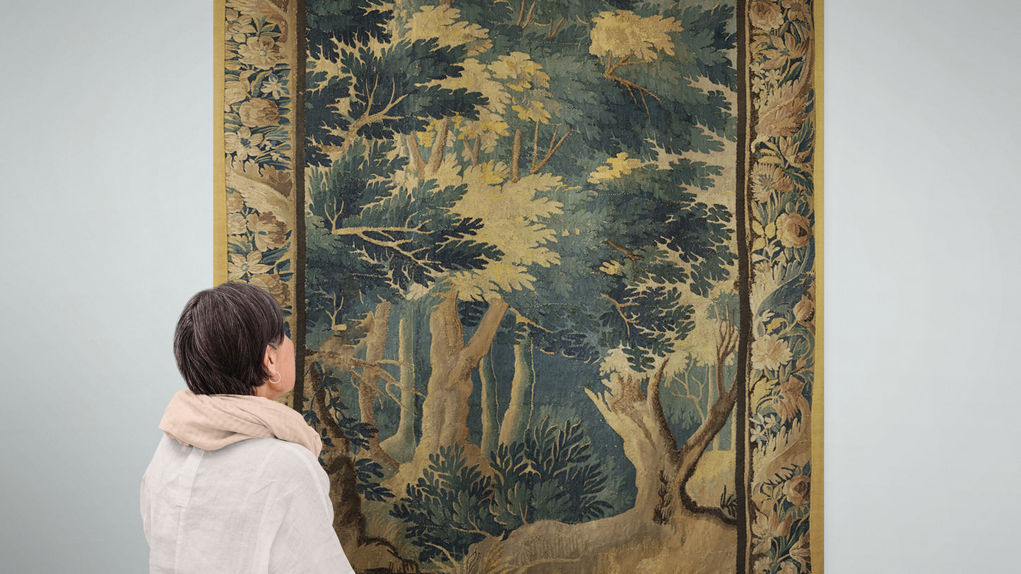 The Greenwood Cathedral Tapestry Reproduction — Tall European Verdure Forest Wall Hanging with Botanical Border for English Country House Interiors RE461828